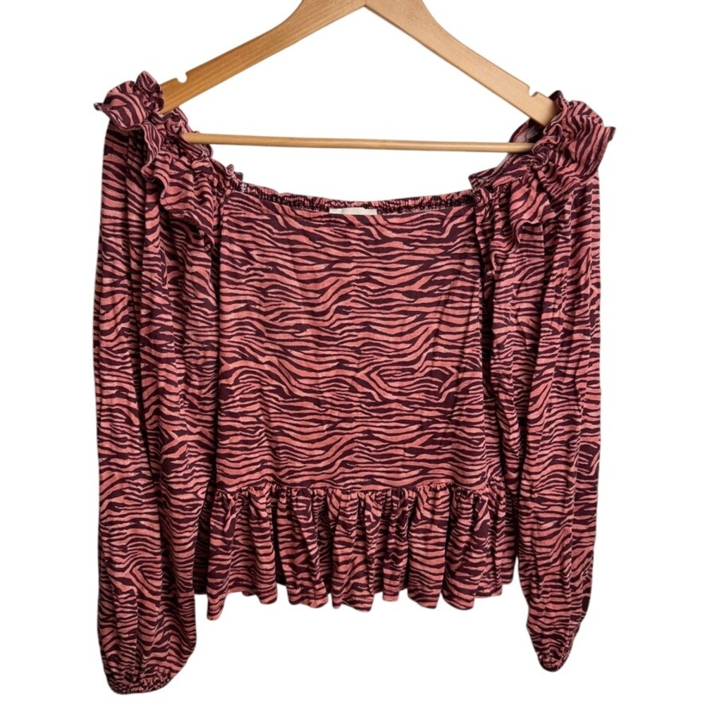 LOFT Zebra Print Blouse S Peplum Pink Burgundy Ruffle Smocked Long Sleeve Boho